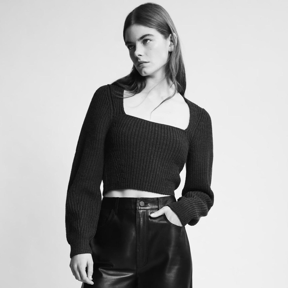 ZARA Ribbed Cropped Knit Top Square Neck Long Sleeve Charcoal Gray Medium